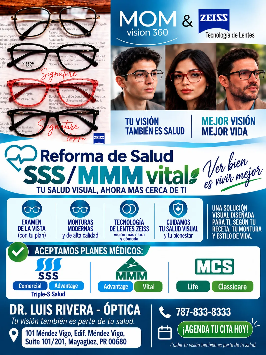 MOM Vision 360 and ZEISS · informational poster provided by the optical shop