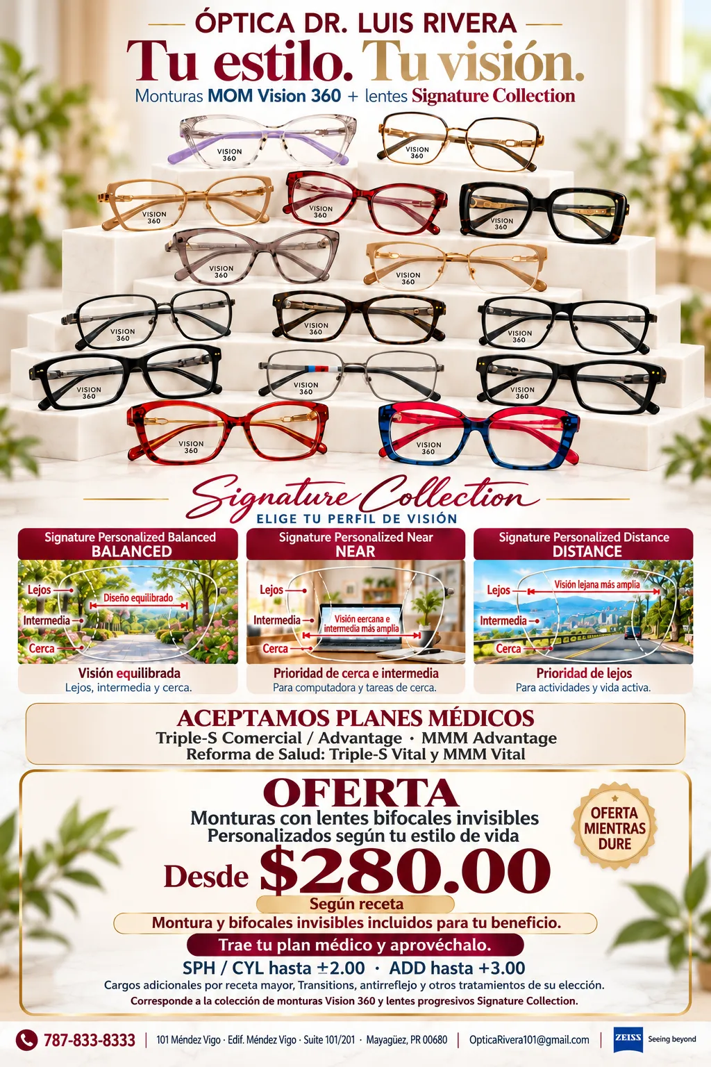 Offer for frames with customized invisible bifocals from $280.00 depending on prescription, with conditions and additional charges