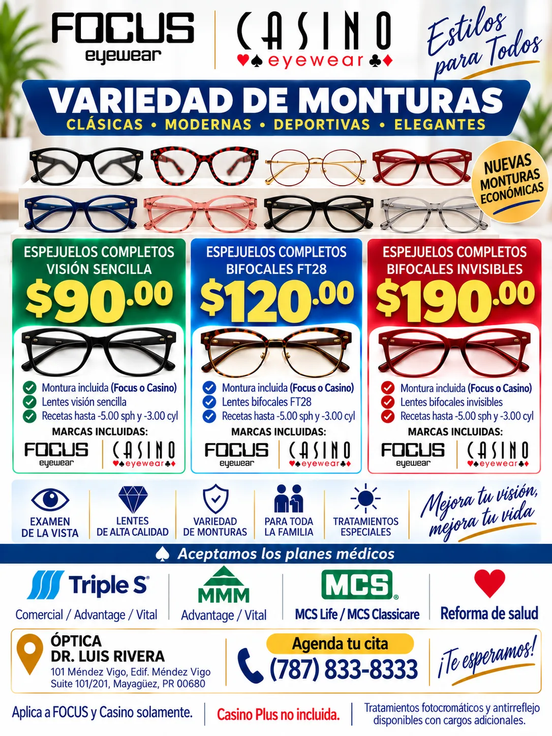 Complete eyeglasses offers: single vision $90, FT28 bifocals $120, and invisible bifocals $190, with conditions detailed on the poster